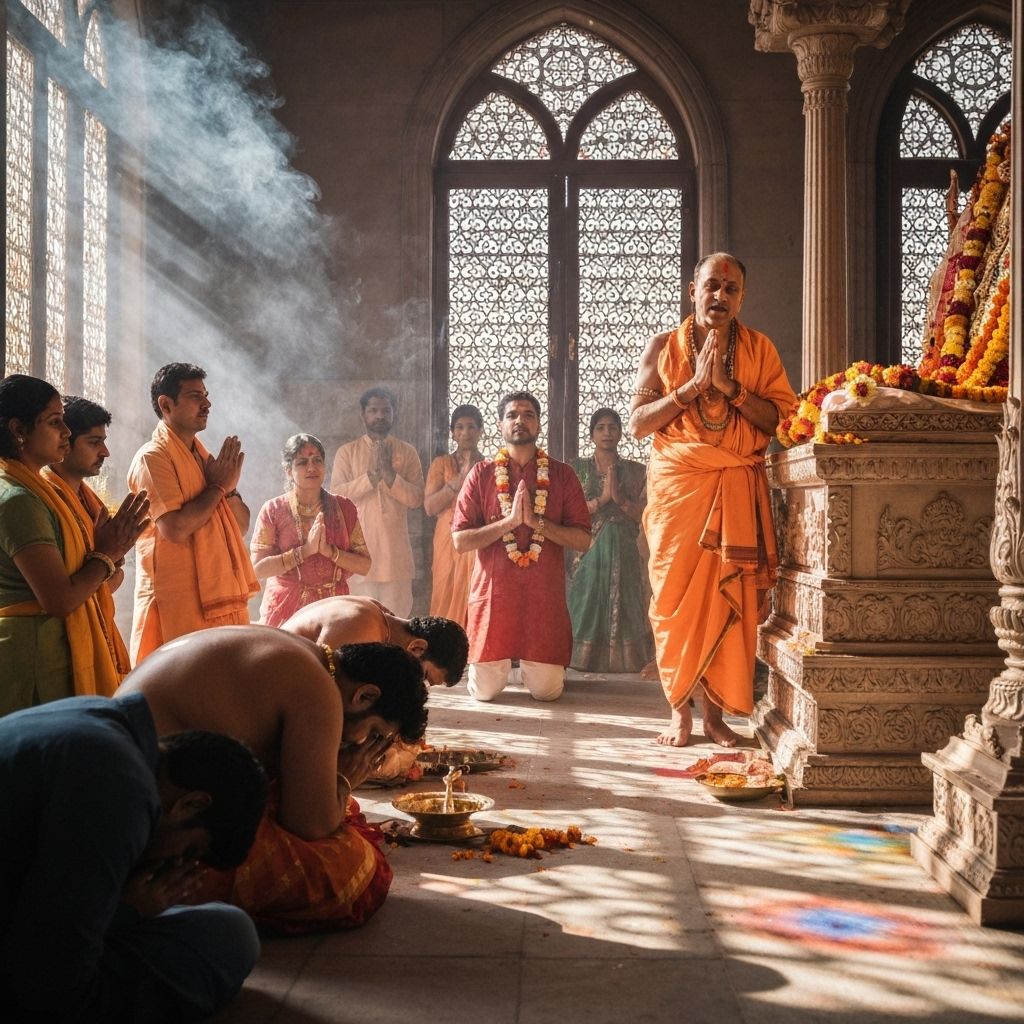 Hindu temple ceremony with devotees